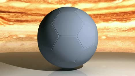 Pelota-de-Futbol-gris-giratorio-contra-un-marrón-color-cielo-nublado,-en-una-superficie-blanca---3D-renderizado-video