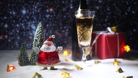 Glass-of-champagne-with-Christmas-decoration.-Traditional-winter-holiday-alcohol-drink-in-snow-with-creative-New-Year-artwork.-Copy-space