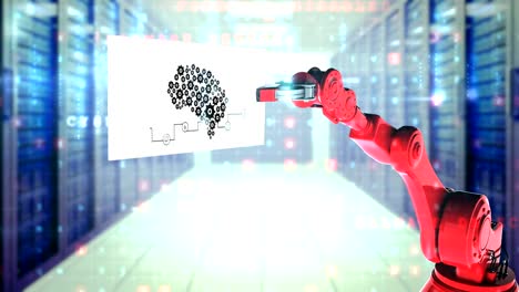 Digitally-generated-video-of-red-robotic-arm-holding-card-with-diagram-of-machine