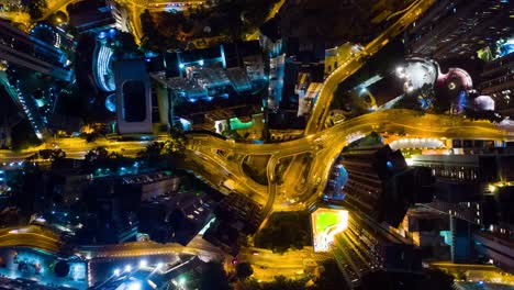 Nacht-Verkehr-Straße-Straße-Kreuzung-Antenne-Draufsicht-Timelapse-4k-Hongkong