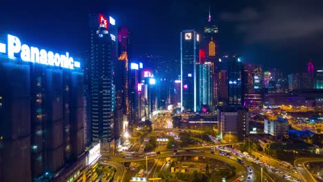 Nacht-Beleuchtung-Bucht-Straße-Verkehrsknotenpunkt-Antenne-Timelapse-4k-Hongkong