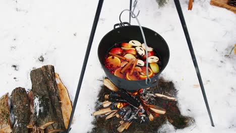 Cocinar-el-vino-caliente-en-la-hoguera-en-el-bosque-de-invierno.