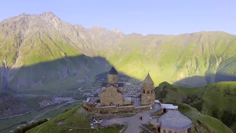 Aerial-view-of-Gergeti-Trinity-Church,-Tsminda-Sameba-near-Gergeti,-Georgia.