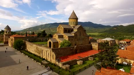 Aerial-footage-of-Svetitskhoveli-Cathedral,-north-of-Tbilisi,-tourism-in-Georgia