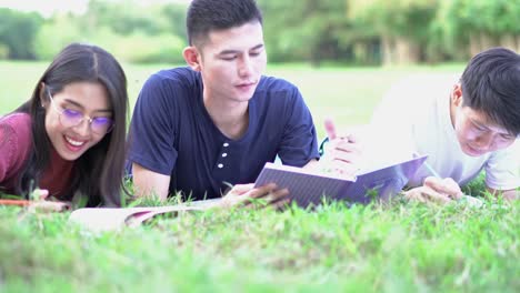 Grupo-en-la-escuela-de-aprendizaje-de-los-estudiantes.-Personas,-reunión-de-equipo-y-el-uso-de-ordenador-portátil-en-el-parque-al-aire-libre.-Concepto-de-educación,-juntos,-trabajo-en-equipo,-aprendizaje,-conocimiento-y-la-investigación.