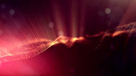 3d-loop-animation-as-science-fiction-background-of-glowing-particles-with-depth-of-field-and-bokeh-for-vj-loop.-Particles-form-line-and-surface-grid.-V25-red-gold-with-light-rays