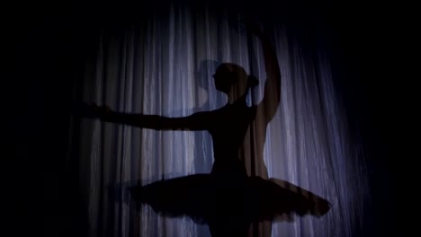 en-el-escenario-de-la-antigua-sala-de-teatro-hay-una-bailarina-danza-tutú-de-ballet,-en-rayos-de-luz,-sombra.-ella-está-bailando-con-elegancia-cierto-movimiento-de-ballet,-lago-de-los-cisnes