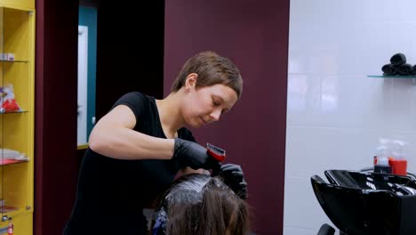 Professional-hairdresser-coloring-hair-of-woman-client-at-studio