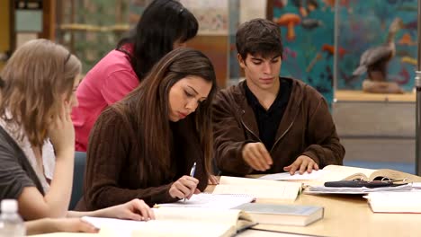 College-students-study-course-material-in-a-group-at-a-table-filled-with-books