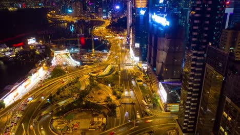 Nacht-Beleuchtung-Straße-Verkehrsknotenpunkt-Antenne-Timelapse-4k-Hongkong