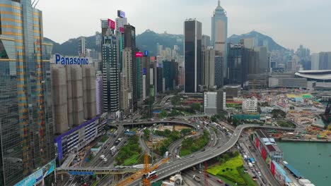 Tag-Zeit-Stadt-Bucht-Stadtverkehrs-Straße-Kreuzung-Victoria-Harbour-Antenne-Panorama-4k-Hongkong