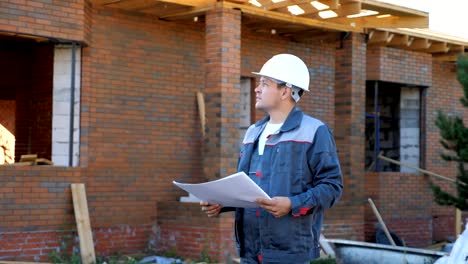 Hombre-adulto-trabajando-en-el-sitio-de-casa-moderna-y-permanente-al-aire-libre-con-papel-proyecto-mirando-lejos