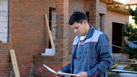 Hombre-adulto-busca-en-el-papel-los-planes-permanentes-en-el-exterior-del-edificio-en-construcción.