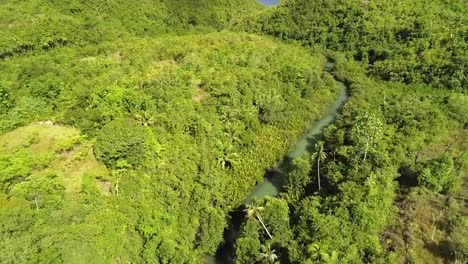 Vista-aérea-del-río-Bojo-hacia-el-estrecho-de-Tañón,-Aloguinsan,-Filipinas.