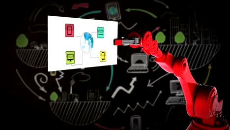 Video-digital-generado-de-rojo-brazo-robótico-que-sostiene-la-tarjeta-con-el-icono-de-red
