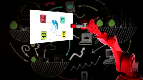 Digitally-generated-video-of-red-robotic-arm-holding-card-with-networking-icon