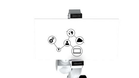 Digital-erzeugte-Video-von-weißen-Roboterarm-Karte-mit-Vernetzung-Symbol-halten