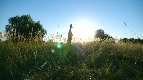 Dolly-Schuss-des-Jünglings-praktizieren-Yoga-Wiese-an-sonnigen-Tag.-Athlet-Sport-auf-Matte-Gras.-Sportlicher-Typ-Ausbildung-bei-Sommerwiese.-Konzept-der-gesunden,-aktiven-Lebensstil.-Slow-Motion-hautnah