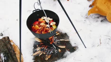 Kochen-Glühwein-am-Lagerfeuer-in-den-Winterwald.