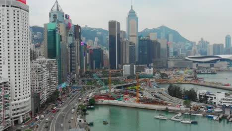 Tag-Zeit-Stadt-Stadtverkehrs-Bucht-Straßenbau-aerial-Panorama-4k-Hongkong