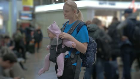 Lindo-bebé-en-un-portabebé-en-el-aeropuerto