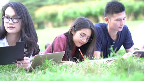 Studenten,-die-Lerngruppe-in-der-Schule.-Menschen-treffen-Team-und-Laptopcomputer-im-Park-im-Freien.-Konzept-von-Bildung,-zusammen,-Teamwork,-lernen,-wissen-und-Forschung.