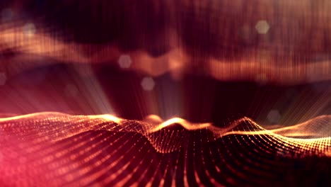 3d-loop-animation-as-science-fiction-background-of-glowing-particles-with-depth-of-field-and-bokeh-for-vj-loop.-Particles-form-line-and-surface-grid.-V23-red-gold-with-light-rays