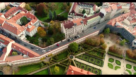 Panorama-of-Prague,-aerial-of-the-city,-view-from-above-on-the-cityscape-of-Prague,-flight-over-the-city,-Area-Old-Town,-Prague-Castle-and-Vltava-River,-Czech-Republic,-Prague