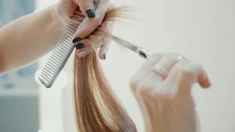 Female-hairdresser-cutting-hair-tips-with-hairdressing-scissors-in-beauty-salon.