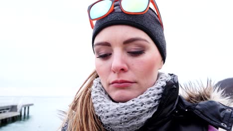 Woman-sad-cry-face-expression-outdoor-on-cold-day-4K