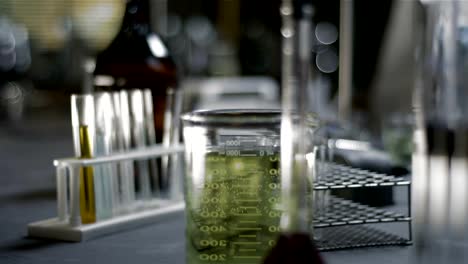 Close-up-shot-of-chemistry-equipment-set-up-on-a-laboratory-table