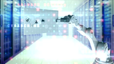 Digitally-generated-video-of-white-robotic-arm-holding-card-with-networking-icon