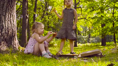 Zwei-Mädchen-im-Park-Pizza-essen.