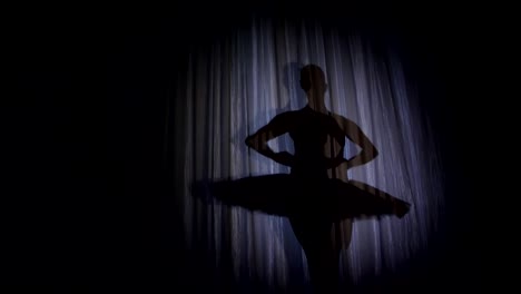 en-el-escenario-de-la-antigua-sala-de-teatro-hay-una-bailarina-danza-tutú-de-ballet,-en-rayos-de-luz,-sombra.-ella-está-bailando-con-elegancia-cierto-movimiento-de-ballet,-lago-de-los-cisnes