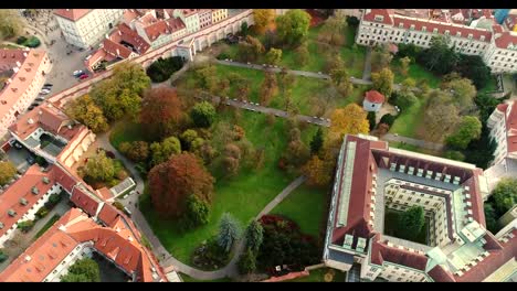 Panorama-of-Prague,-aerial-of-the-city,-view-from-above-on-the-cityscape-of-Prague,-flight-over-the-city,-Area-Old-Town,-Prague-Castle-and-Vltava-River,-Czech-Republic,-Prague