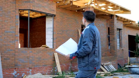 Hombre-adulto-trabajando-en-el-sitio-de-casa-moderna-y-permanente-al-aire-libre-con-papel-proyecto-mirar-lejos.