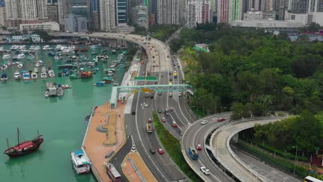 Tag-Zeit-Stadt-Stadtverkehrs-Straße-Bucht-Dock-Antenne-Panorama-4k-Hongkong