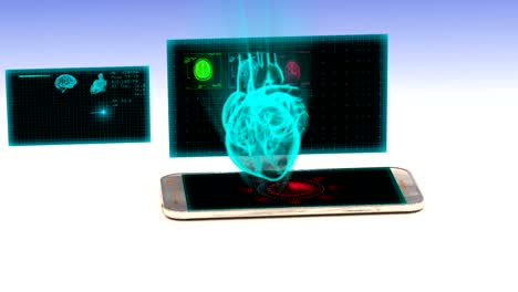 Smartphone-proyecta-un-holograma-del-corazón-humano,-el-concepto-de-desarrollo-de-la-tecnología-en-medicina