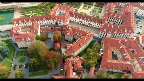 Panorama-of-Prague,-aerial-of-the-city,-view-from-above-on-the-cityscape-of-Prague,-flight-over-the-city,-Area-Old-Town,-Prague-Castle-and-Vltava-River,-Czech-Republic,-Prague