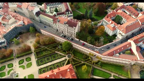 Panorama-of-Prague,-aerial-of-the-city,-view-from-above-on-the-cityscape-of-Prague,-flight-over-the-city,-Area-Old-Town,-Prague-Castle-and-Vltava-River,-Czech-Republic,-Prague