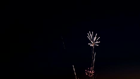 Fuegos-artificiales-en-la-ciudad-de-fiesta-del-día,-grandes-explosiones-de-saludo-en-el-cielo-nocturno