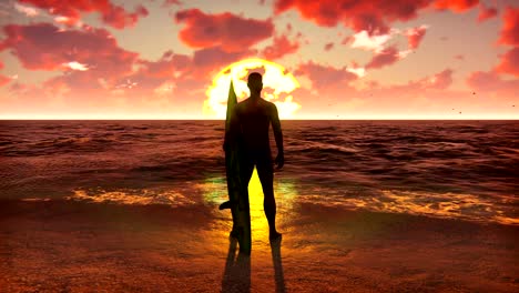 Silhouette-of-a-young-male-surfer-standing-on-the-beach-at-sunrise-with-a-surfboard-and-watching-the-ocean-waves.-Beautiful-summer-looped-background.