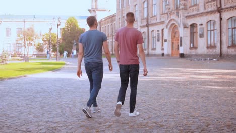 Rückansicht-Freunden-zu-Fuß-in-die-Stadt-Slow-Motion