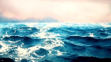 High-quality-animation-of-ocean-waves-with-beautiful-mountains-on-the-background.-Looping.