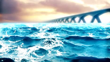 Animación-de-alta-calidad-de-olas-del-mar-con-hermoso-puente-sobre-el-fondo.-Bucle.