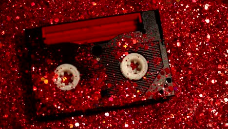 Closeup-of-video-cassette-on-red-glitter-background