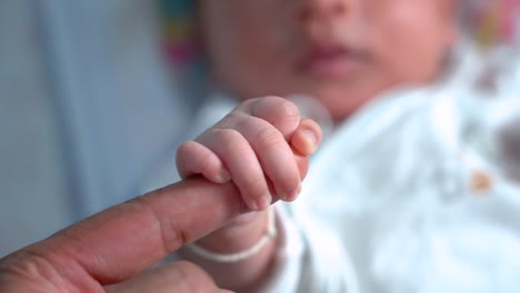 Babys-Hand-hält-den-Finger-der-Mutter.