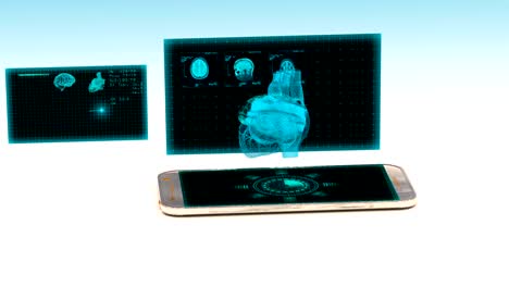 Smartphone-proyecta-un-holograma-del-corazón-humano,-el-concepto-de-desarrollo-de-la-tecnología-en-medicina