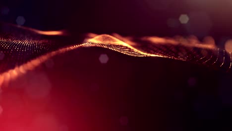 3d-loop-animation-as-science-fiction-background-of-glowing-particles-with-depth-of-field-and-bokeh-for-vj-loop.-Particles-form-line-and-surface-grid.-V35-red-gold