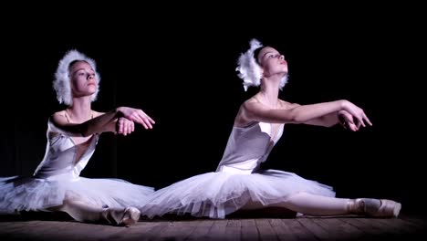 in-rays-of-spotlight,-on-the-stage-of-the-old-theater-hall.-Young-ballerinas-in-suits-of-white-swans-and-pointe-shoes,-dance-elegantly-certain-ballet-motion,-part-de-bras